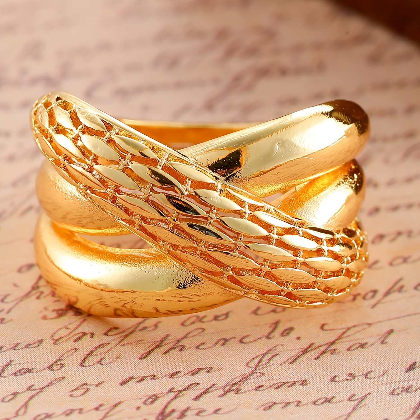 Interlocking Textured Men's 18K Gold Plated Ring